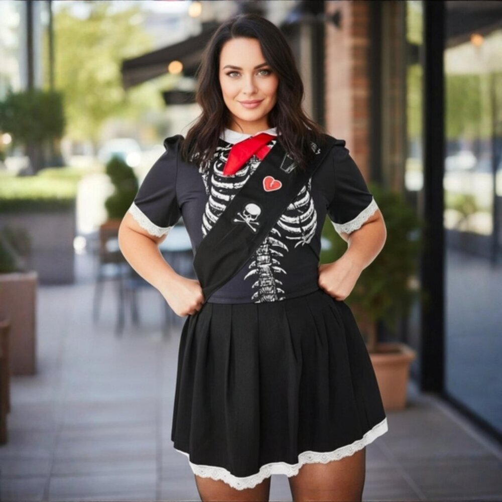 Trickz N Treatz ✦ Skeleton Girl Scout Costume Set ✦ Black White Lace Trim Sz 1X - Picture 4 of 7
